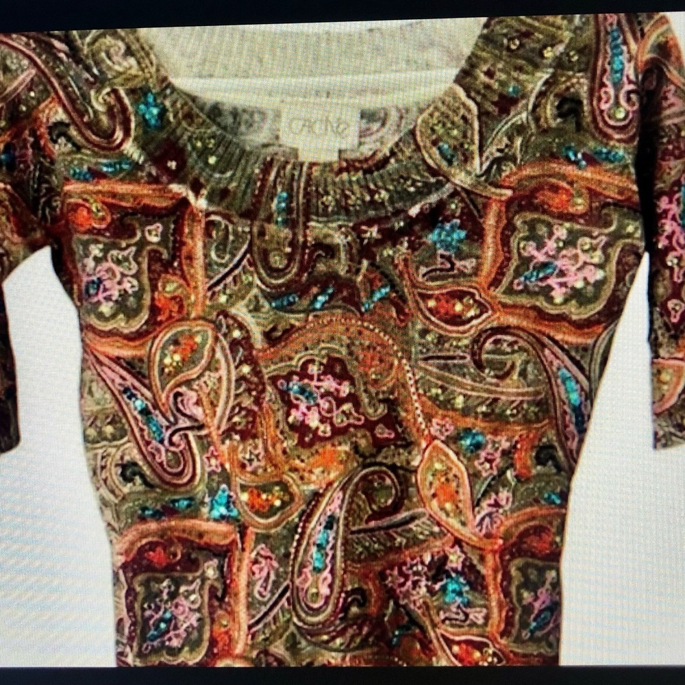 Vintage Cache Knit Top Embellished with Sequins. Colors of Olive/Plum/Org/Turq. - Picture 5 of 10
